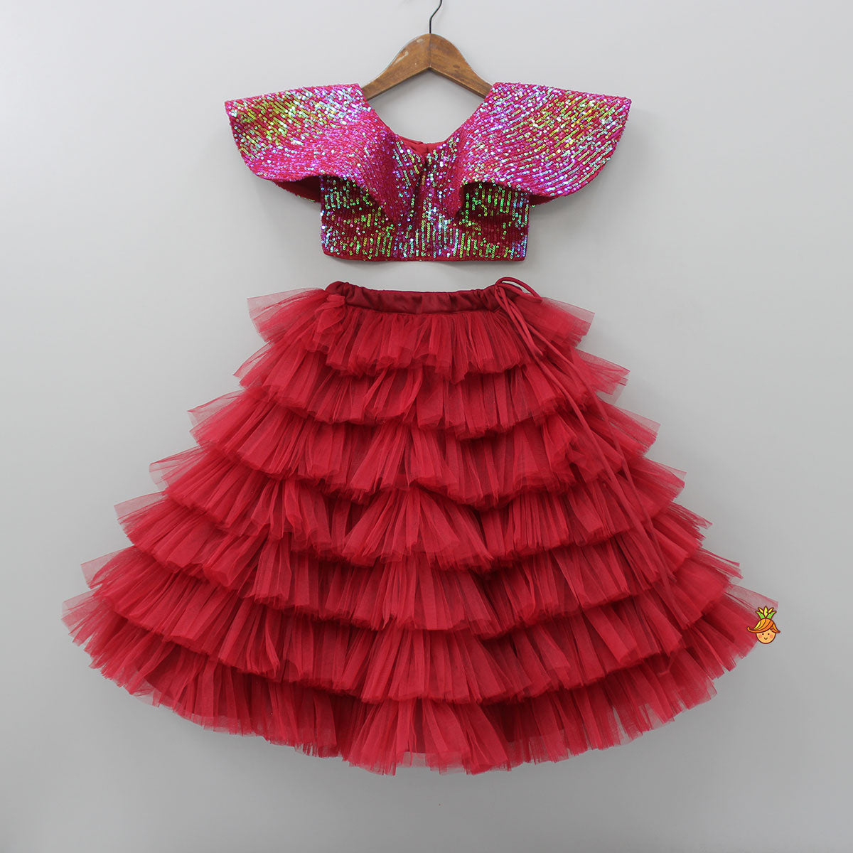 Maroon Sequined Cape Style Top With Multi Layered Frilly Lehenga
