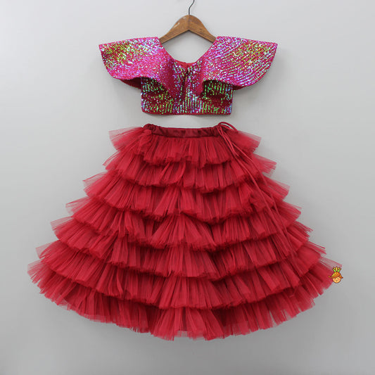 Maroon Sequined Cape Style Top With Multi Layered Frilly Lehenga
