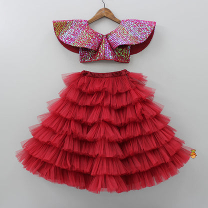 Maroon Sequined Cape Style Top With Multi Layered Frilly Lehenga