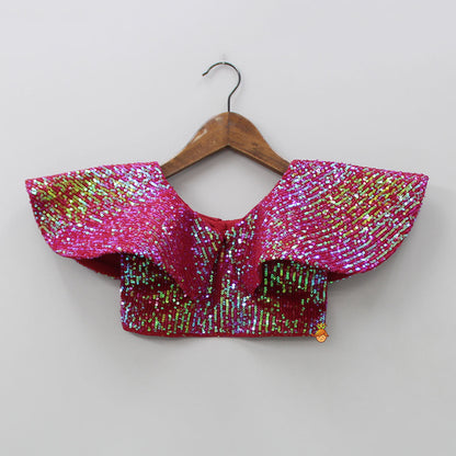 Maroon Sequined Cape Style Top With Multi Layered Frilly Lehenga